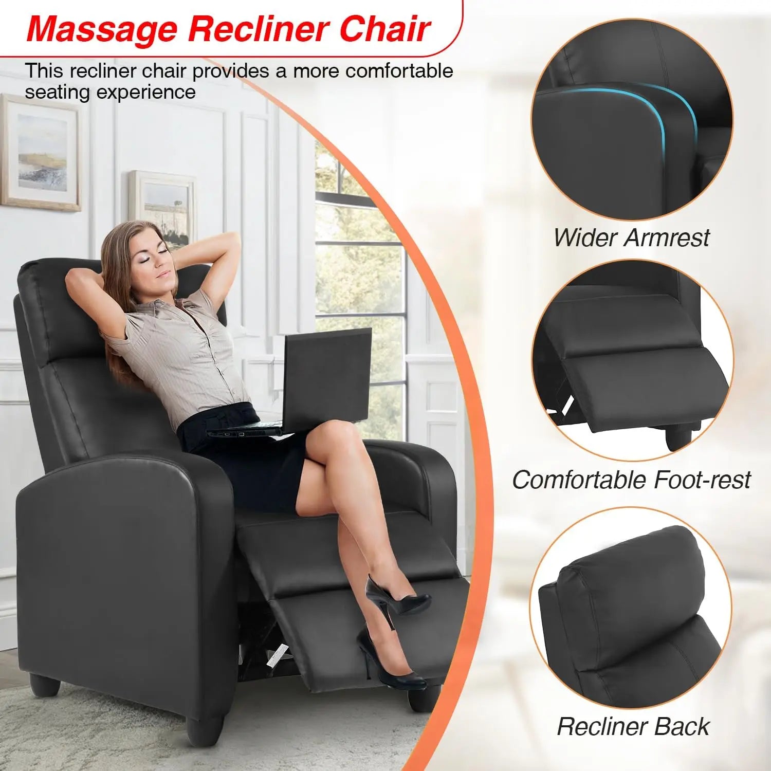 Massage Recliner with Lumbar Support and Adjustable Backrest