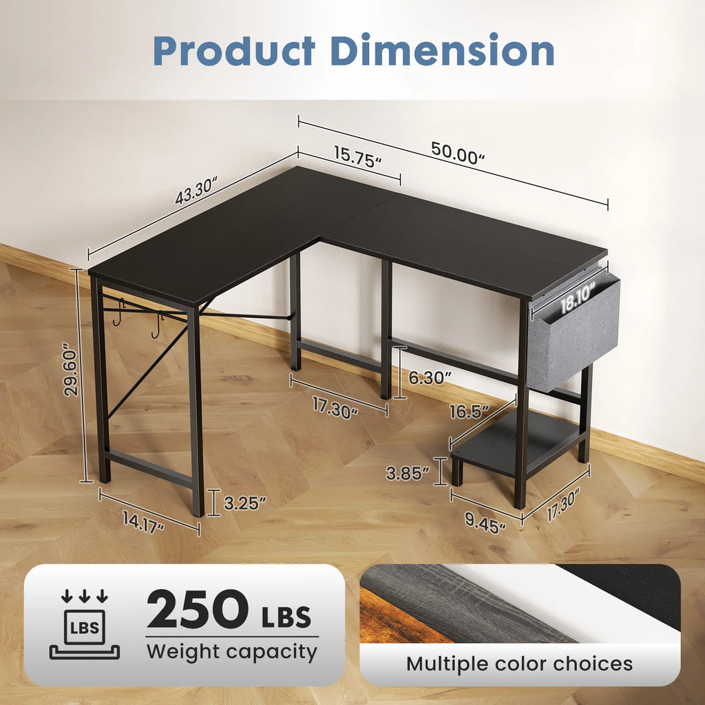L Shaped Standing Office Computer Desk with Storage Bag and Side Hook