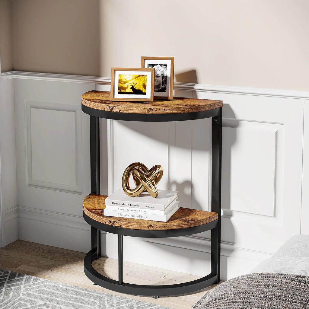 Small Half Round Side Table with Storage Shelf, Accent Table Slim
