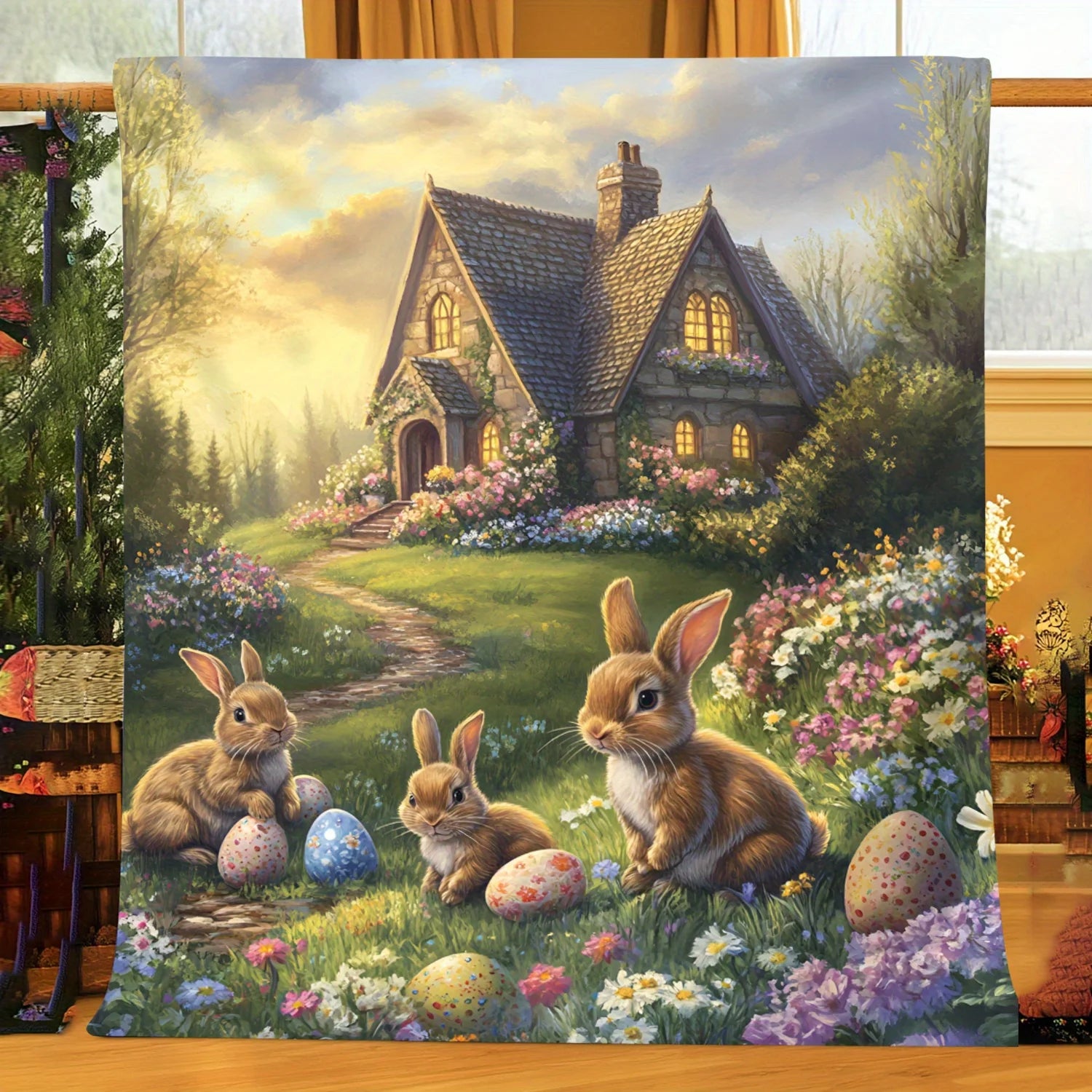 Easter Bunny Stone Cottage Flannel Blanket - Cozy All-Season with Rabbit Colorful Egg Design, Perfect Home Decor or Gift