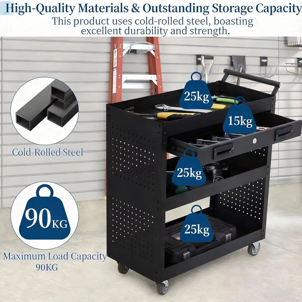 27 Inch Rolling Tool Cart, 3 Tier Steel Utility Cabinet with Drawer, Mobile Storage Organizer with Locking Casters for Garage Workshop Office, Black