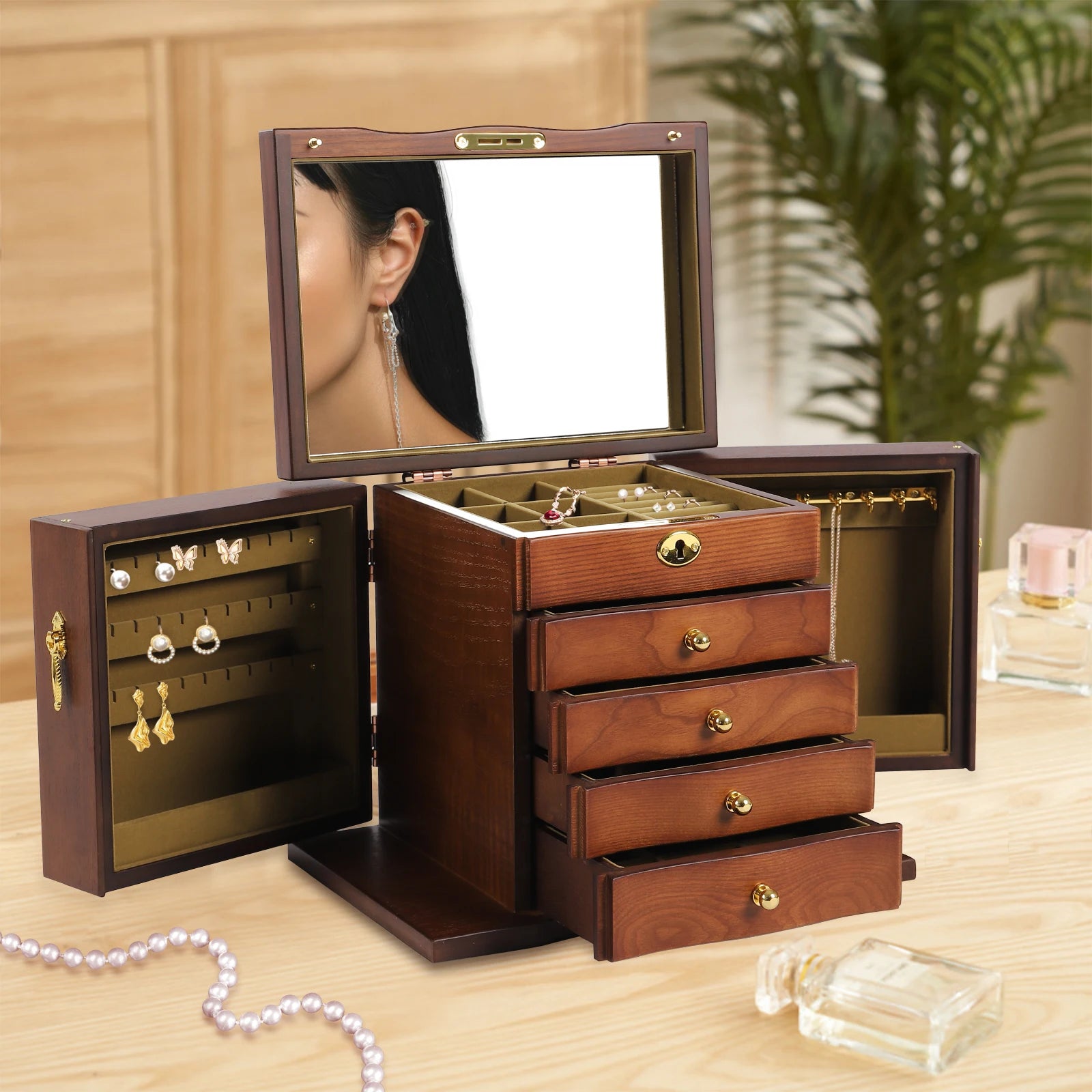 Wooden Jewelry Box with Lock Retro Drawer Style Display