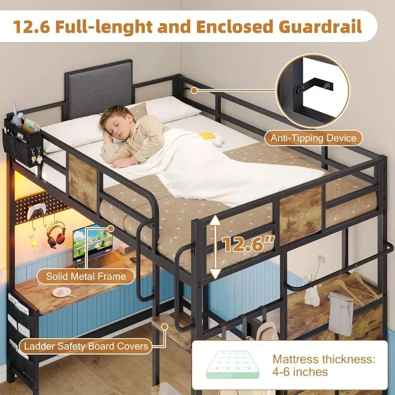 Twin Loft Bed with Desk, Twin Bed Frame with 6 Storage Drawers, 2 Bedside Organizer, 3 Movable Hooks, LED Lights