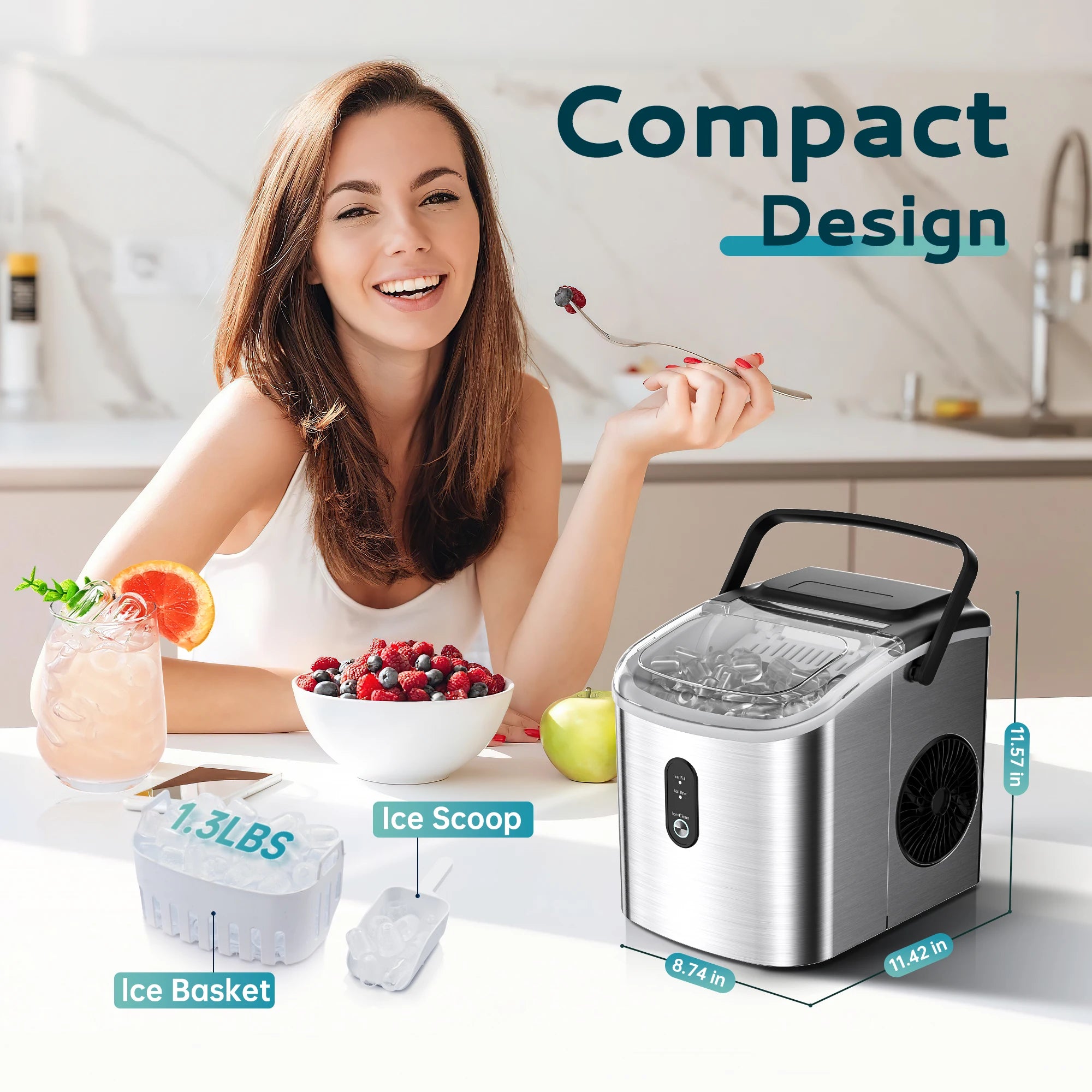 Portable Countertop Ice Maker with Handle, 26 lbs/24H, 9 Cubes in 6 Mins, Auto-Cleaning
