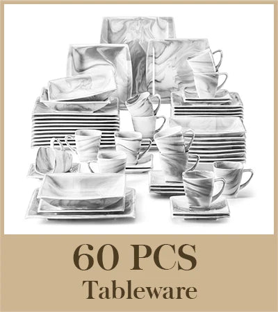 30/60PCS Marble Grey Porcelain Tableware Dinnerware Set with 6PCS Dessert/Soup/Dinner Plate/Cup/Saucer, Service for 12