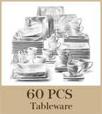 30/60PCS Marble Grey Porcelain Tableware Dinnerware Set with 6PCS Dessert/Soup/Dinner Plate/Cup/Saucer, Service for 12