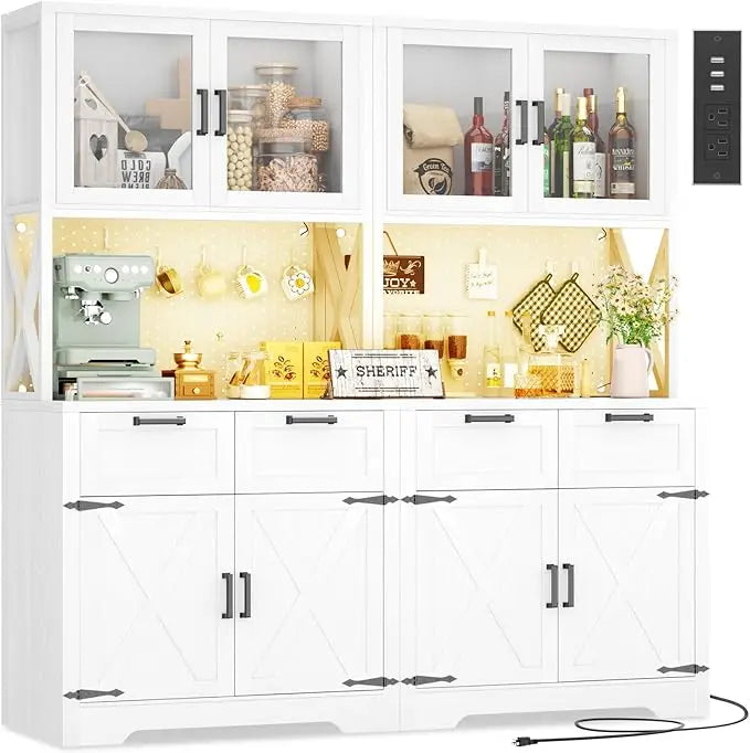 71" Tall Kitchen Pantry Storage Cabinet with LED Light & Outlet