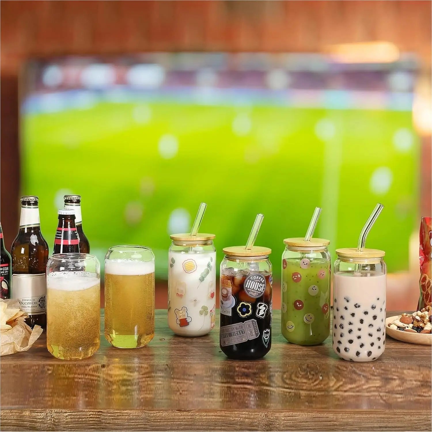 16 Pack Customizable Glass Cups with Lids & Straws, 16 oz Tumblers for Iced Coffee, Tea, Homemade Drinks