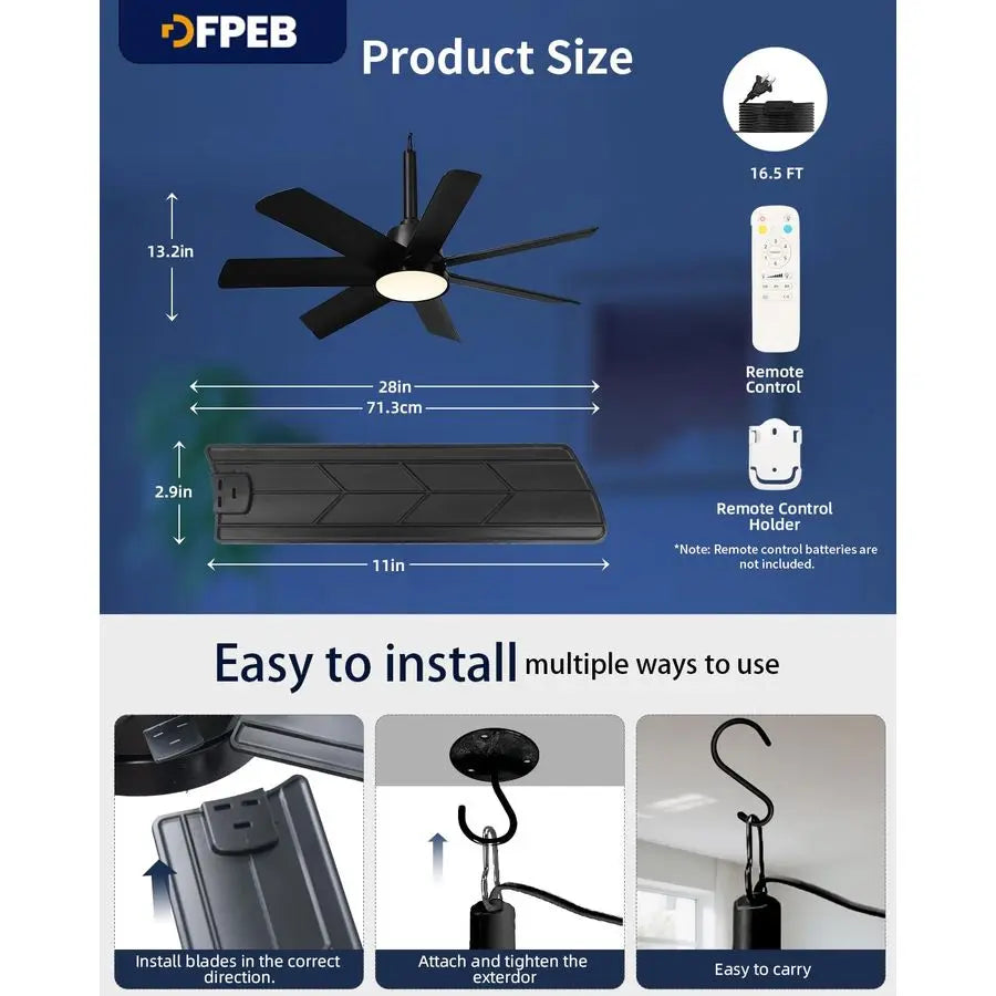 Outdoor Ceiling Fan with Lights and Remote, LED Gazebo Hanging Fan with Hook