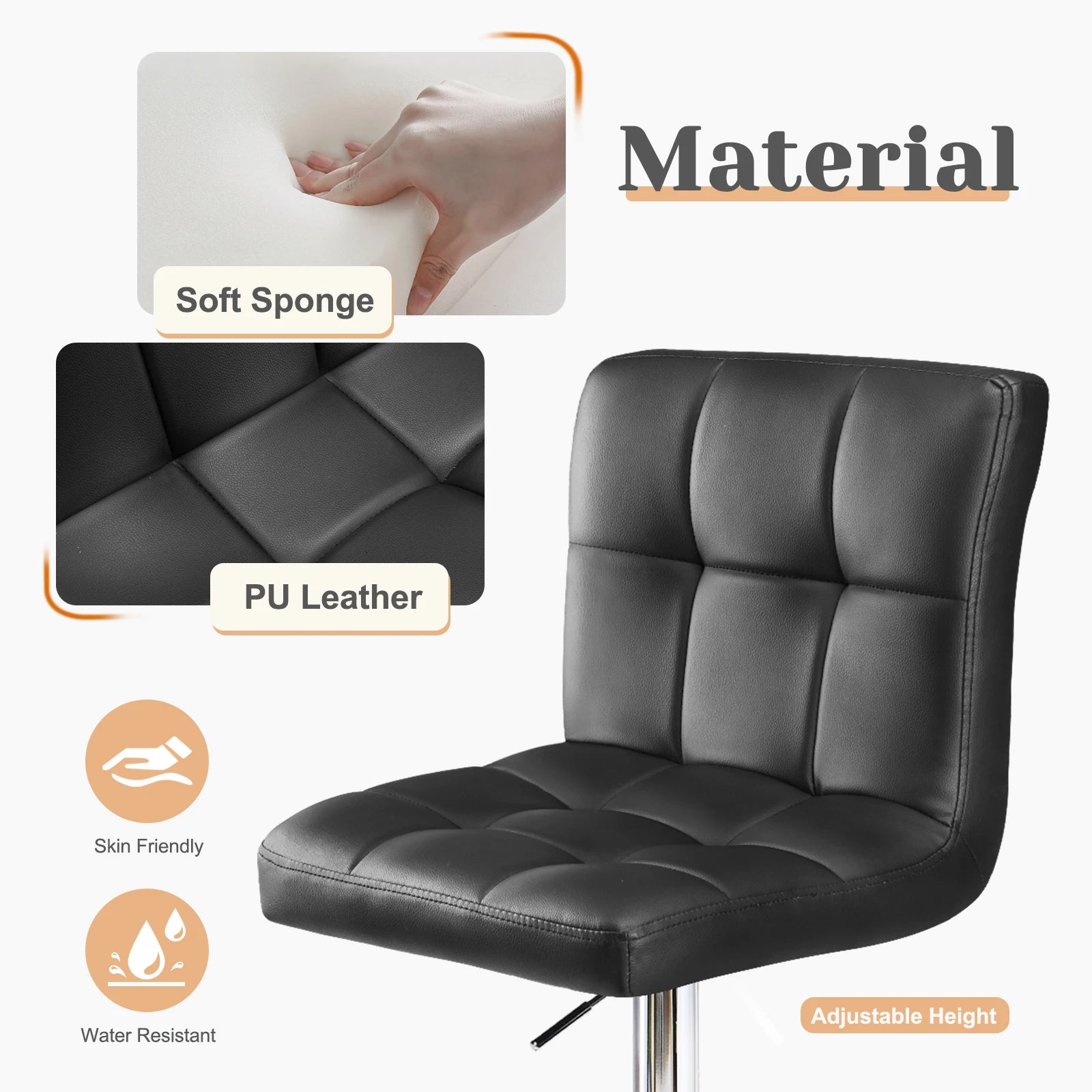 PU Leather Bar Stools Set Of 2,Upholstered Counter Height Bar