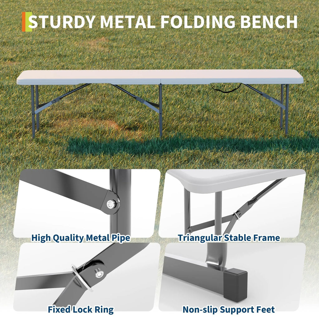2‑Pack 6 FT Outdoor Folding Plastic Bench, Portable Camping Picnic Bench with 4cm Thick Scratch‑Stain Resistant HDPE Tabletop