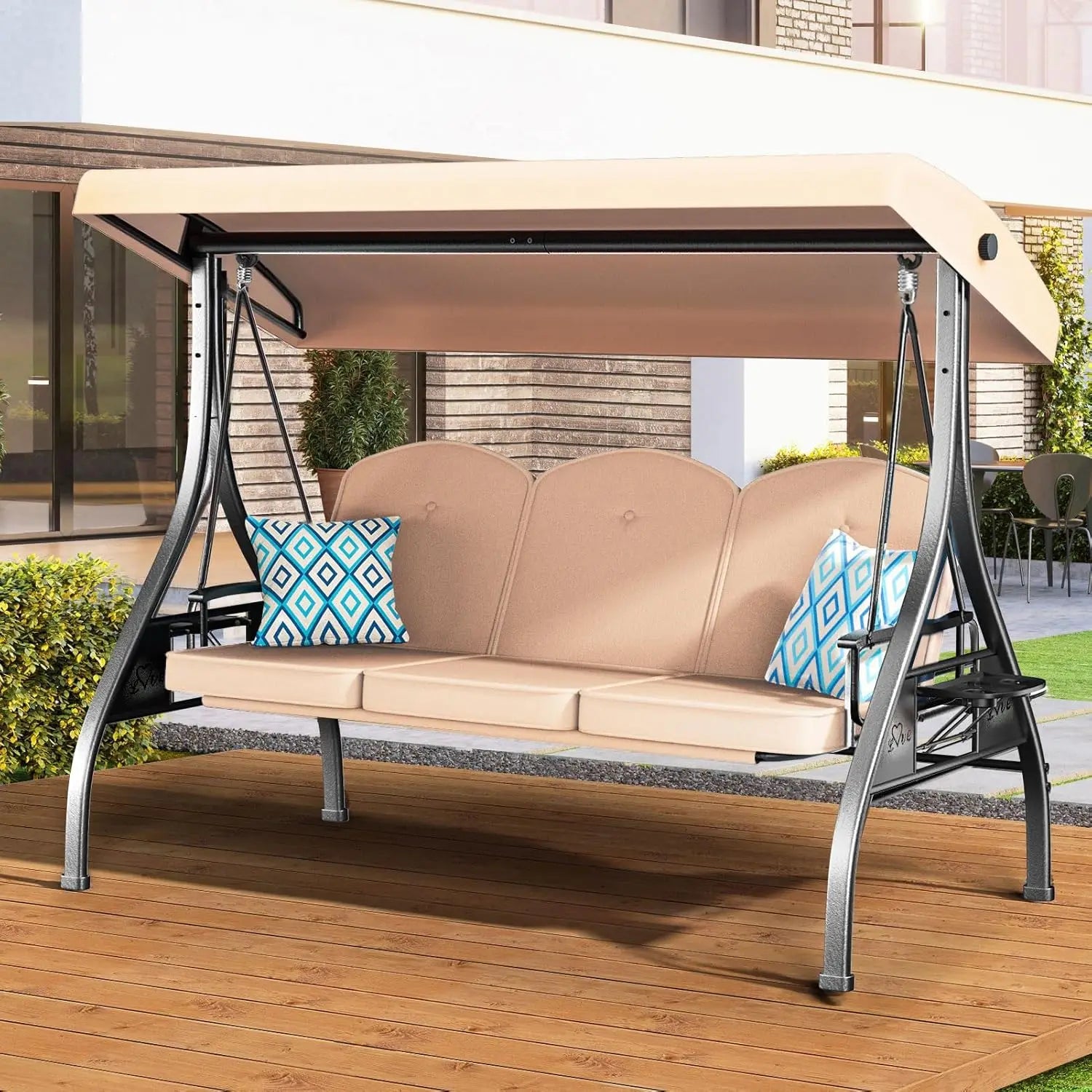 3 Seat Outdoor Porch Patio Swing with Stand 800lbs, 2-in-1 Convertible Swing Bed