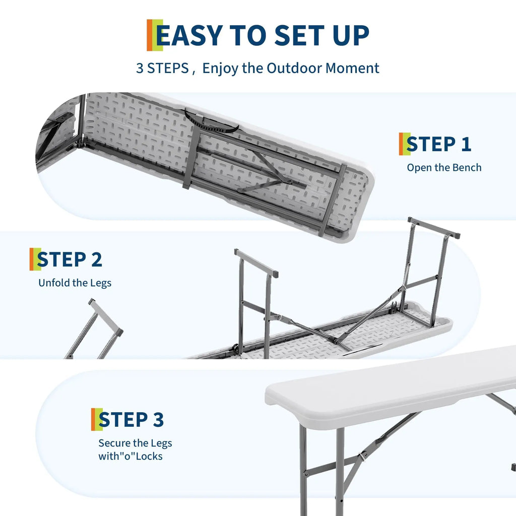 2‑Pack 6 FT Outdoor Folding Plastic Bench, Portable Camping Picnic Bench with 4cm Thick Scratch‑Stain Resistant HDPE Tabletop