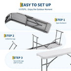 2‑Pack 6 FT Outdoor Folding Plastic Bench, Portable Camping Picnic Bench with 4cm Thick Scratch‑Stain Resistant HDPE Tabletop
