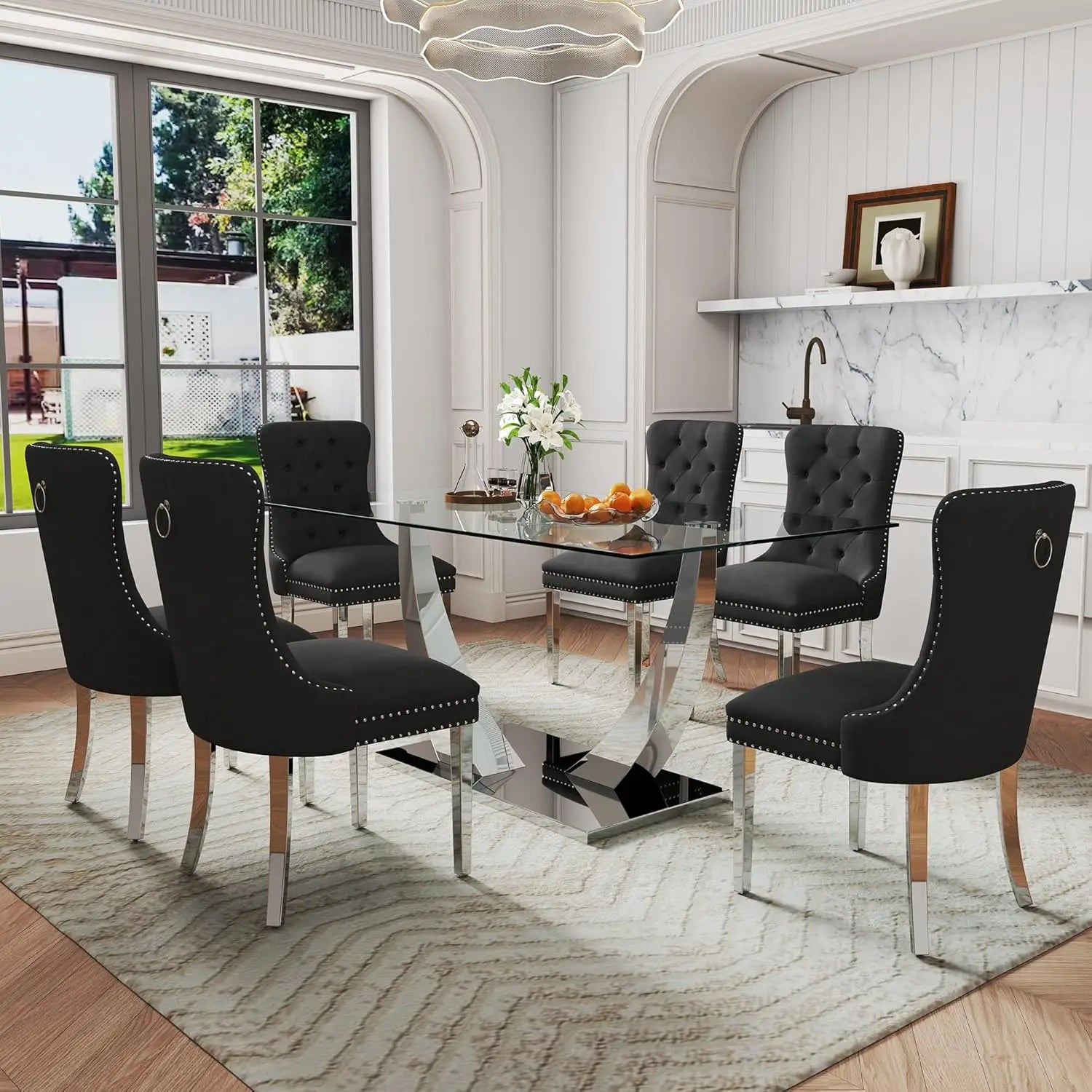 63" Gold Rectangular Glass Kitchen Table with 6 Beige High Back Chairs