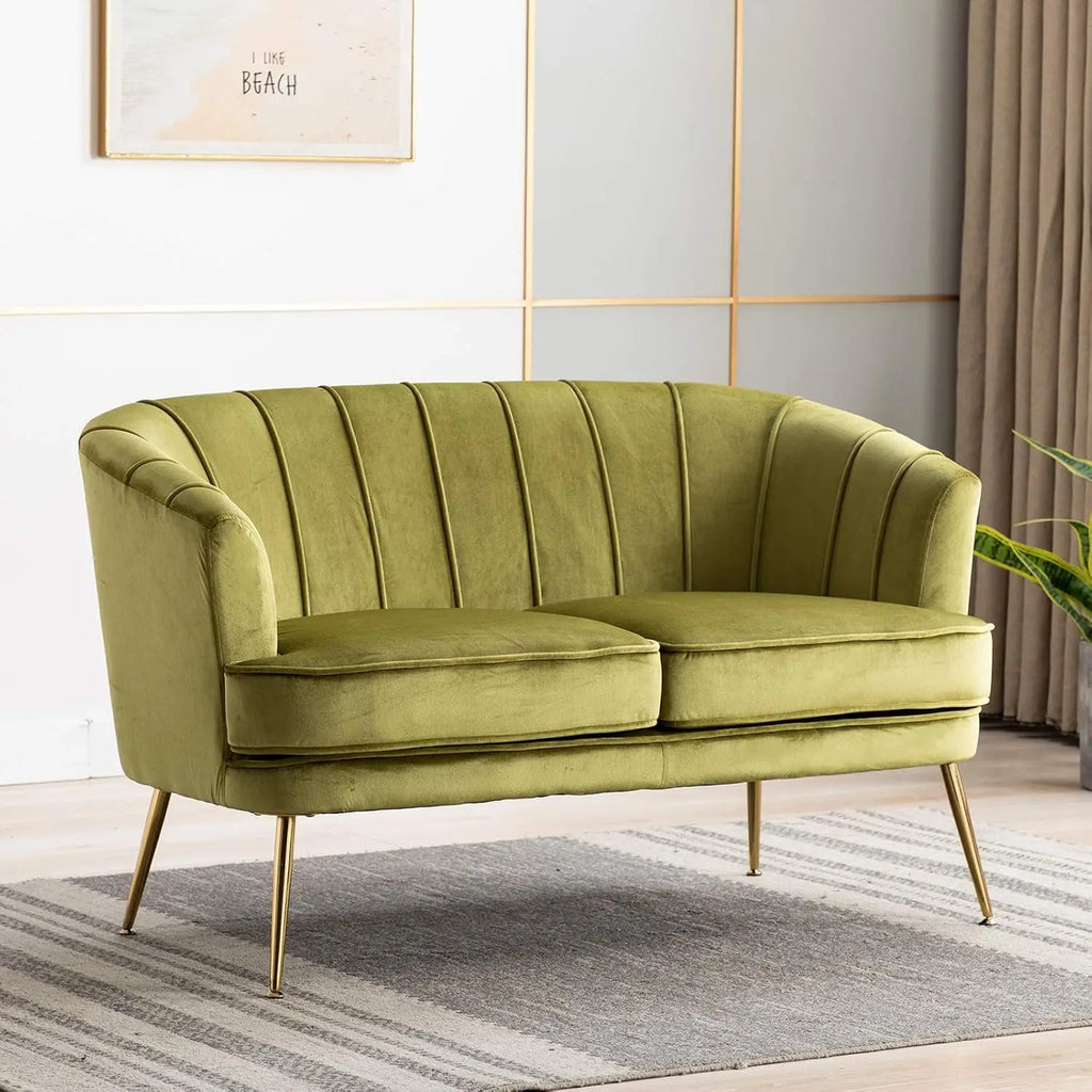 Contemporary Velvet Loveseat Chair with Gold-Finished Metal Legs, 2-Seat Sofa for Living Room, Bedroom, Home Office, Grey