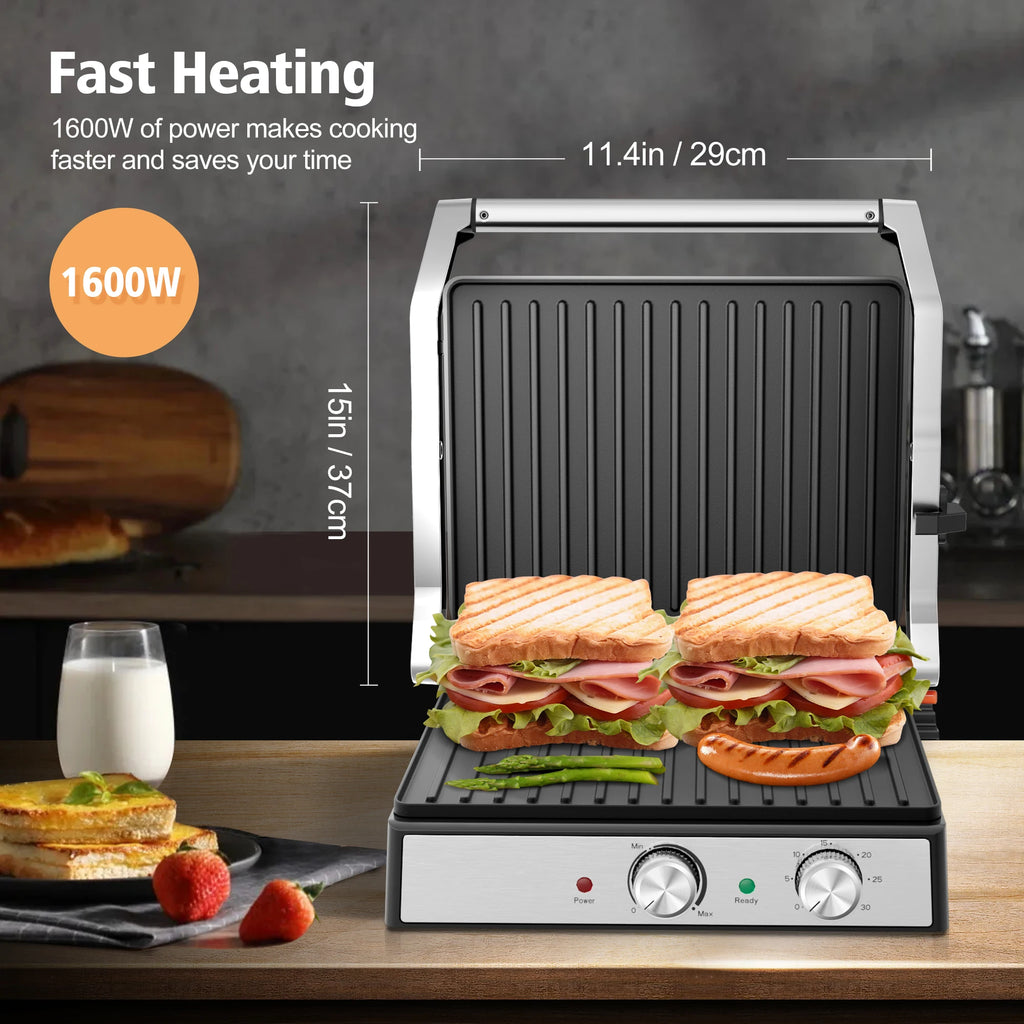 1600W 4-Slice Panini Press With Timer, Adjustable Temp & 180° Opening