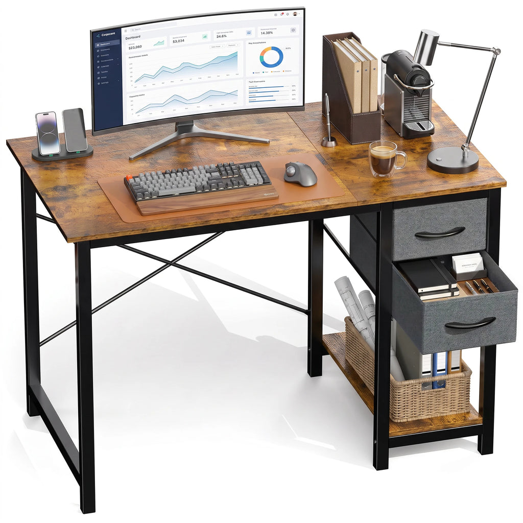 40 Inch Standing Office Computer Desk with Drawers and Side Hook  X‑Frame Stability For Home Office Small Space