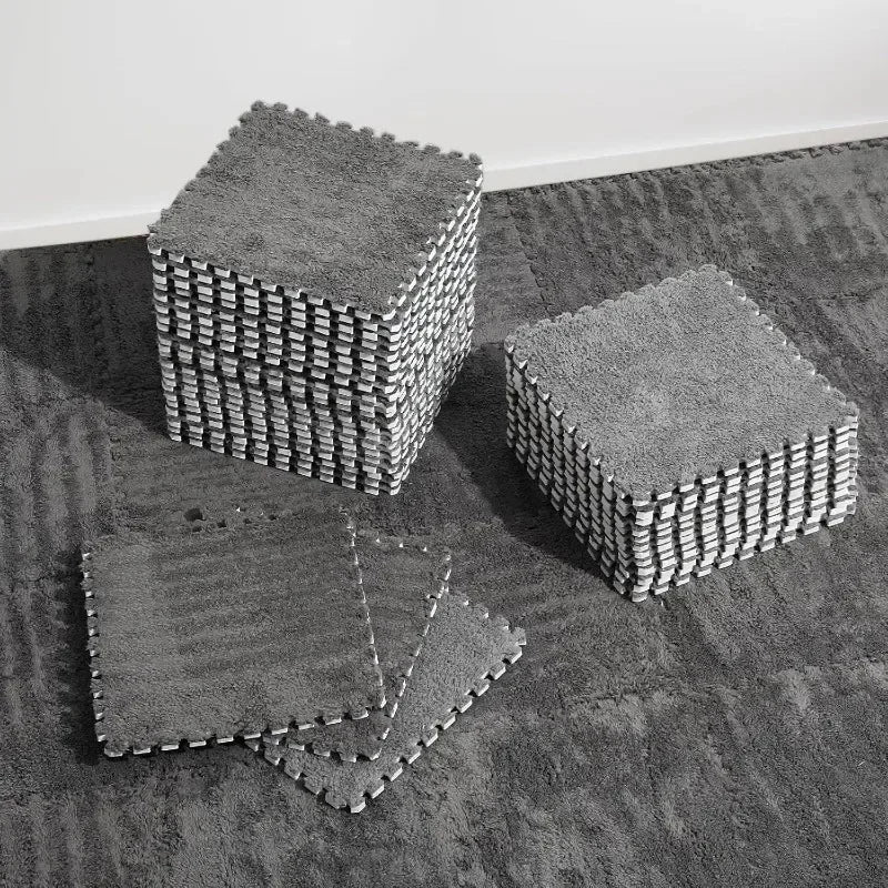 12/24/36/48PCS Grey Interlocking Carpet Shaggy Soft Foam Play Mat  Square Plush Floor Tiles