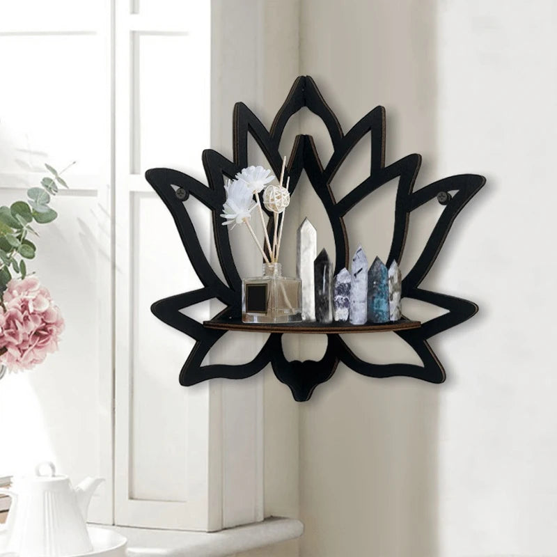 Wooden Lotus Hollow Decorative Wall Mounted Corner Shelf