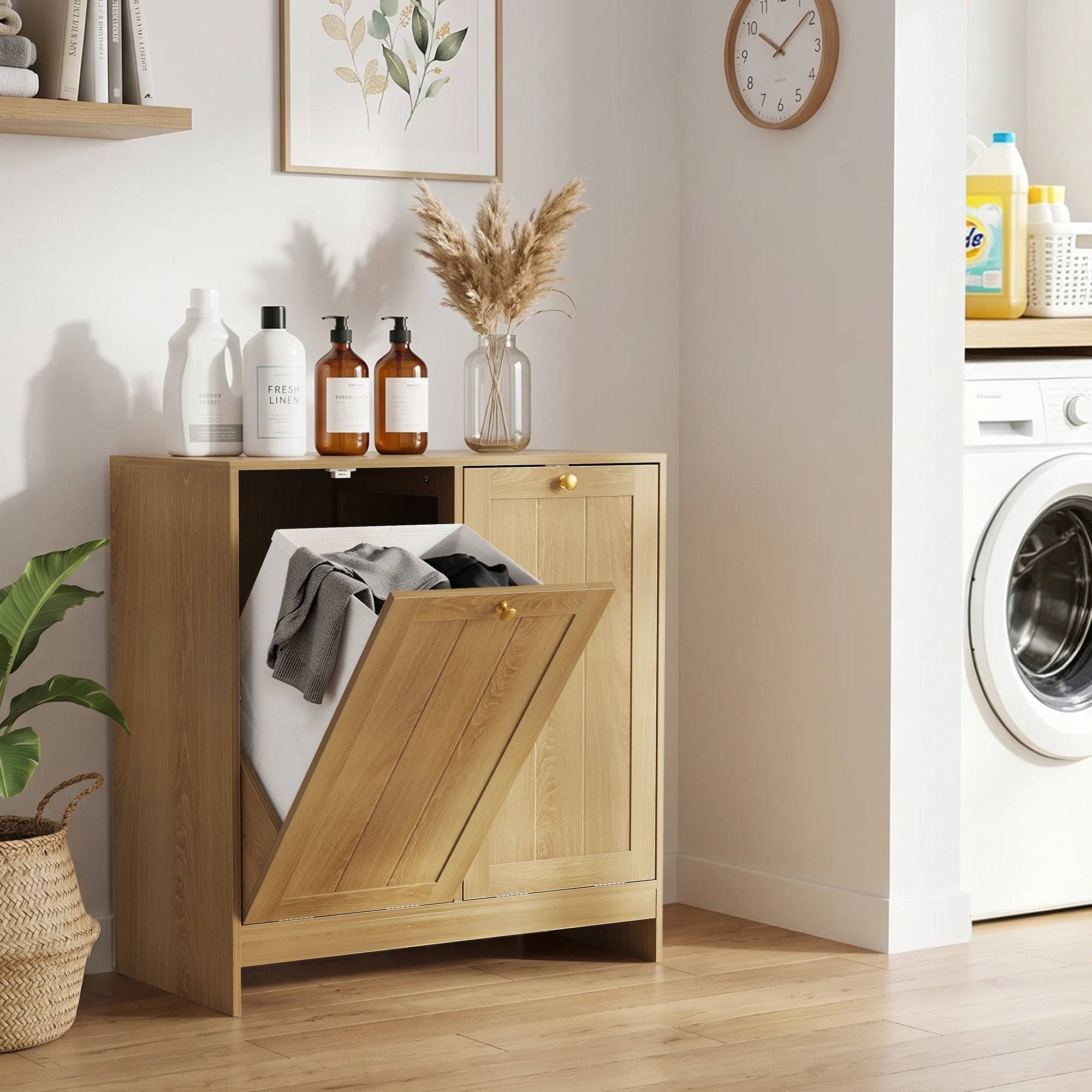 Tilted Laundry Hamper with 2 Removable Baskets, Free-Standing with Anti-Tip Kit, Oak