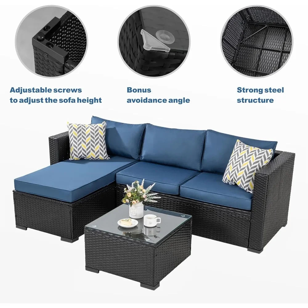 wicker outdoor sectional furniture with glass table and cushions