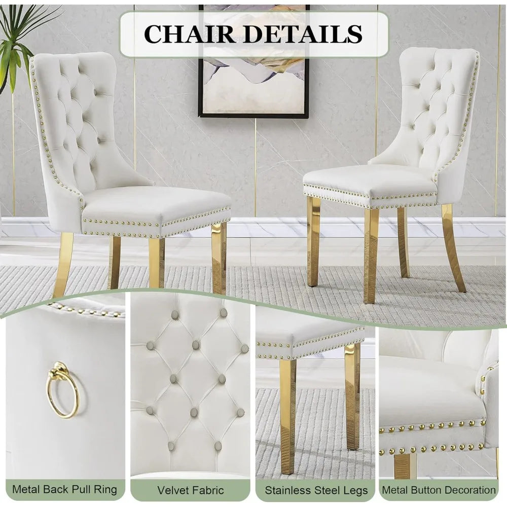 63" Gold Rectangular Glass Kitchen Table with 6 Beige High Back Chairs