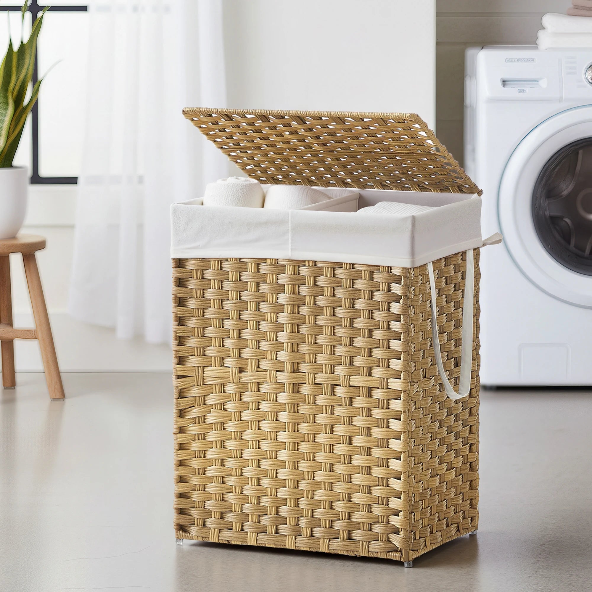 Laundry Hamper with Lid, 90L Clothes Hamper with 2 Removable Liner Bags, 6 Mesh Bags