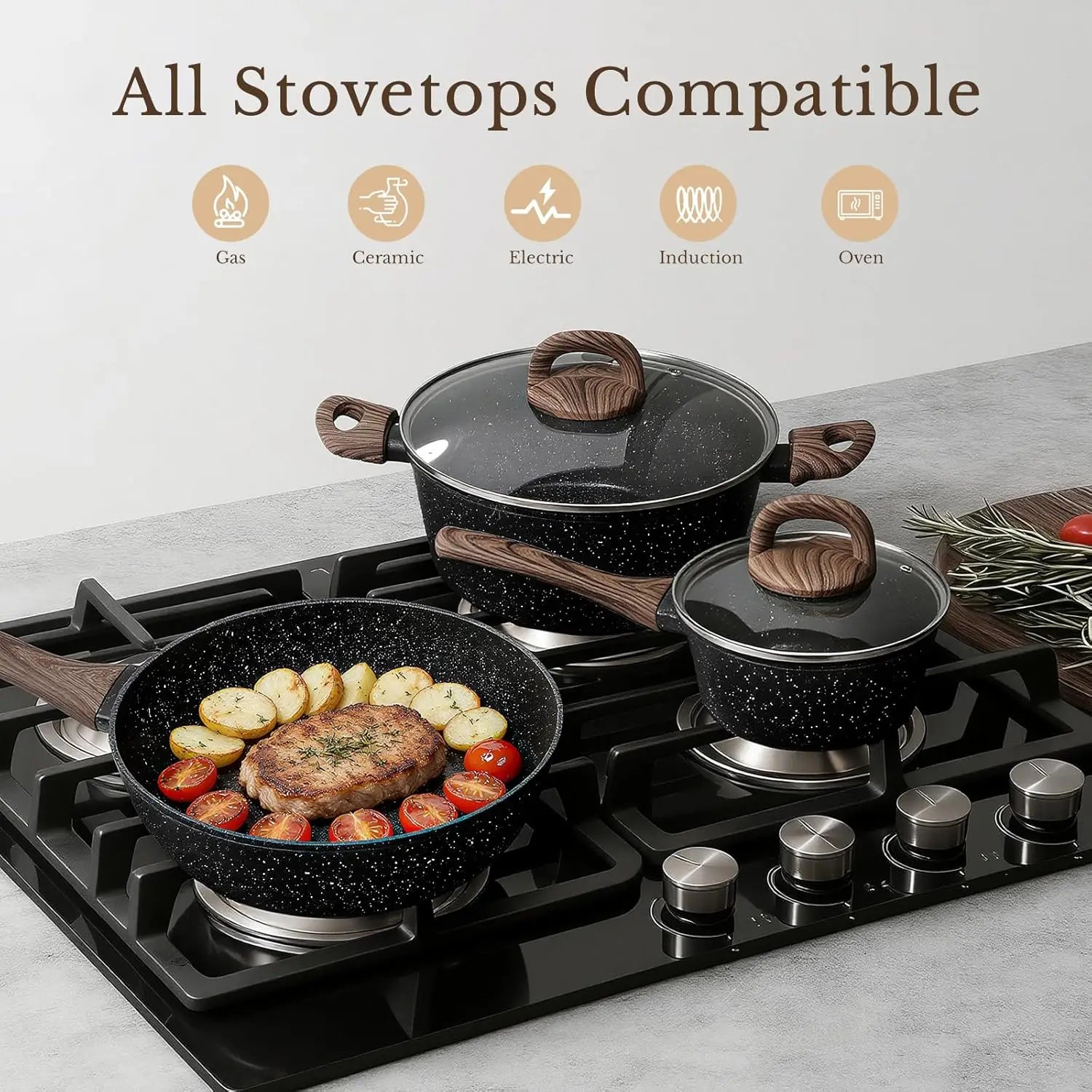 25-Piece Nonstick Ceramic Cookware Set, Healthy & Induction Compatible, PFAS-Free, Classic Black
