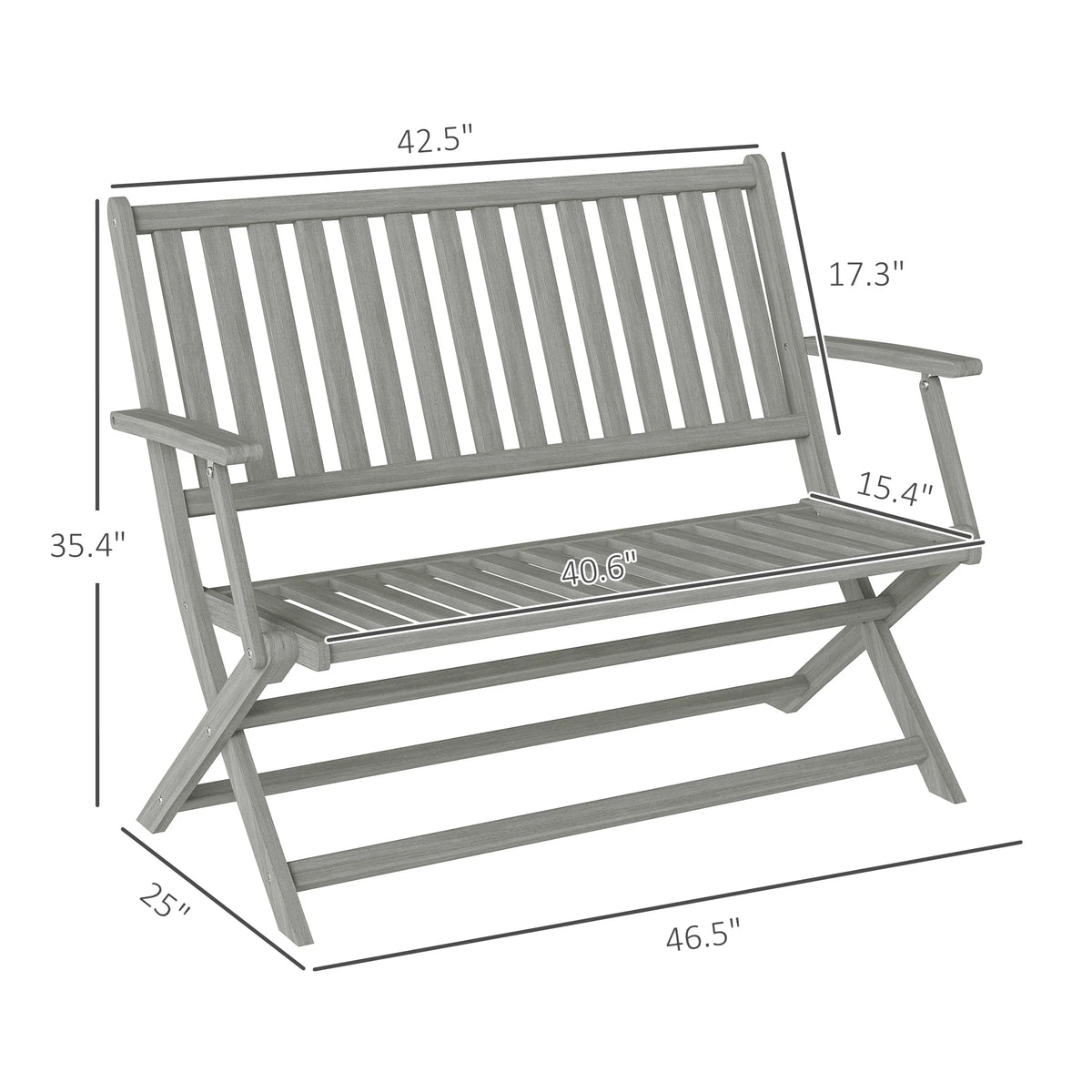 Wood Outdoor Bench, 2-Person Foldable Patio Garden Bench, Gray