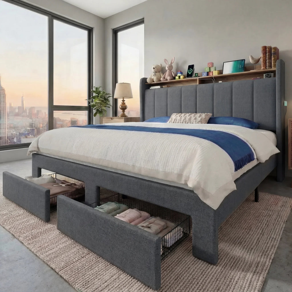 Bed Frame, 2 Storage Drawers/2-Tier Shelves with LED Lights & Charging Station, No Box Spring Need, Full/Queen/King
