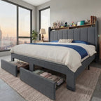 Bed Frame, 2 Storage Drawers/2-Tier Shelves with LED Lights & Charging Station, No Box Spring Need, Full/Queen/King