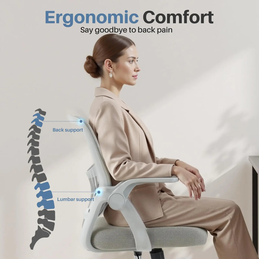 Ergonomic Mid Back Desk with Lumbar Support 360° Swivel Height Adjustable with Flip-up Armrest