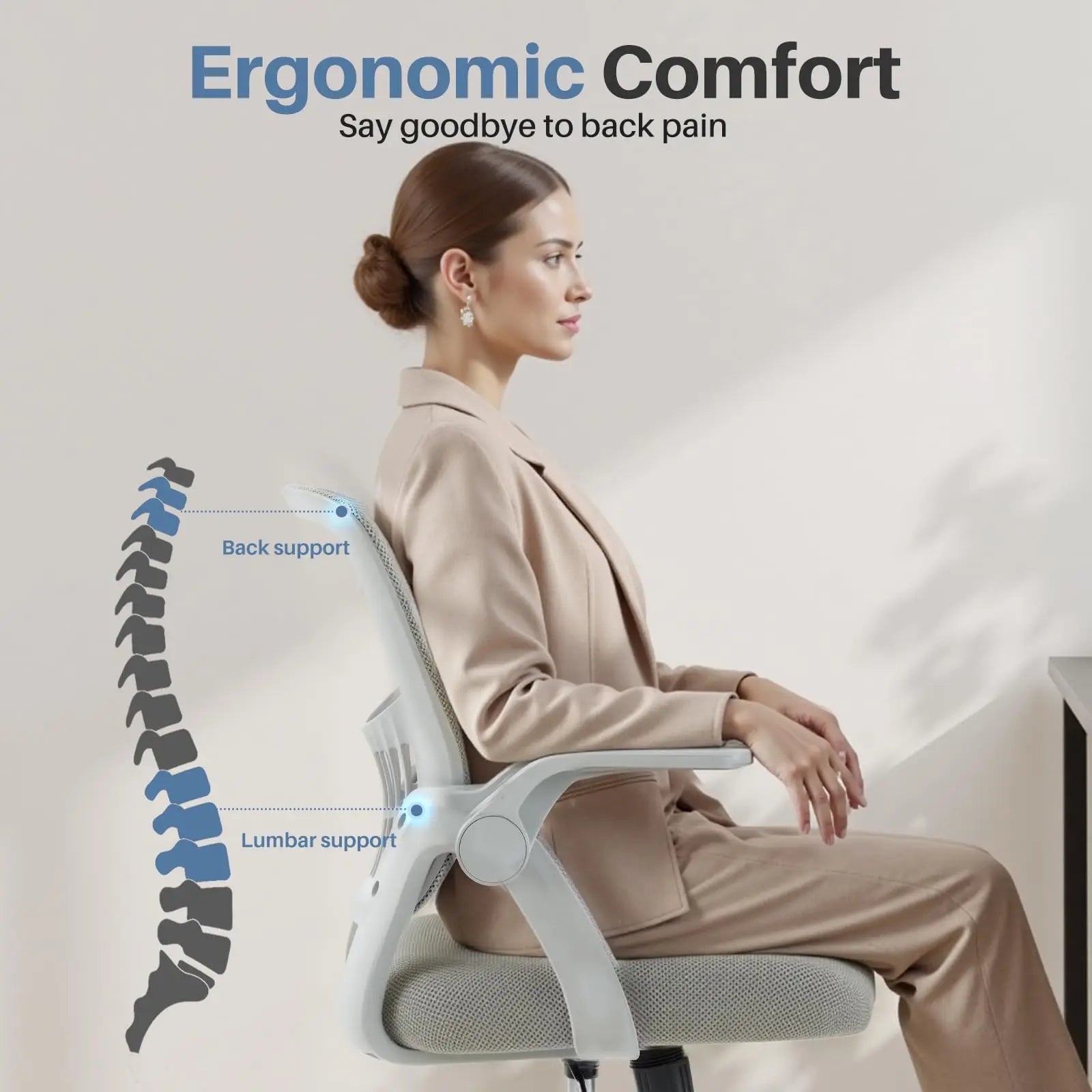 Ergonomic Mid Back Desk with Lumbar Support 360° Swivel Height Adjustable with Flip-up Armrest