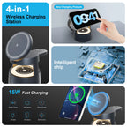4 in 1 Magnetic Wireless Charger Fast Charging Station 15W Foldable Night Light Multiple Devices Apple IWatch Ultra Airpods