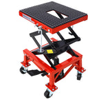 350 Lb Hydraulic Motorcycle Lift Jack with Wide Deck for ATV Dirt Bike | Heavy Duty Foot-Operated Steel Scissor Stand, Adjustable 13.78-34.25 in, 4 Locking Wheels, for Motorcycle Maintenance, Red