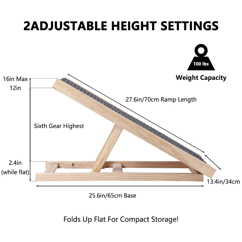 Dog Ramp, Natural Pine Wooden Lightweight Folding Anti-skid Adjustable 2 Height Climbing Ramp