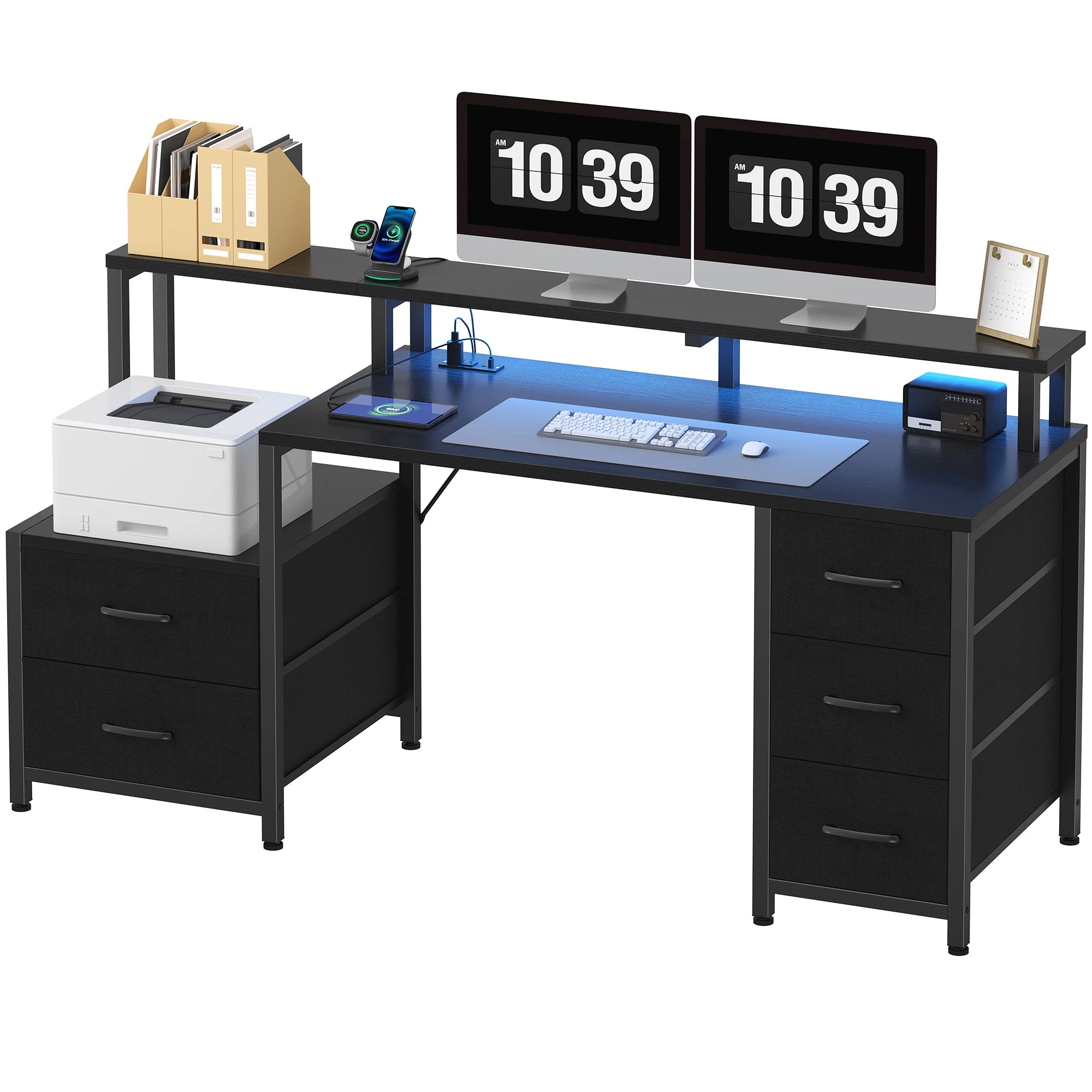 67In Gaming Computer Desk with 5 Storage Drawers, LED Lights, Power Outlets