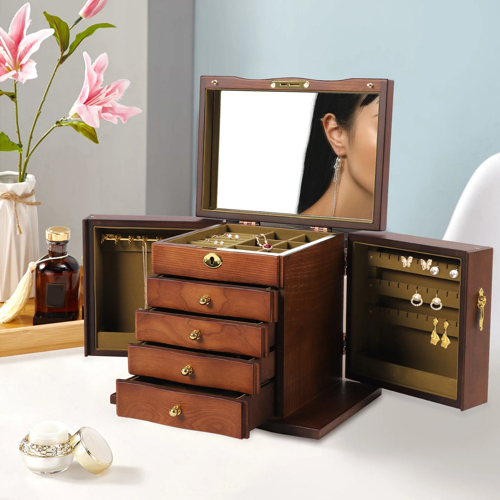 Wooden Jewelry Box with Lock Retro Drawer Style Display