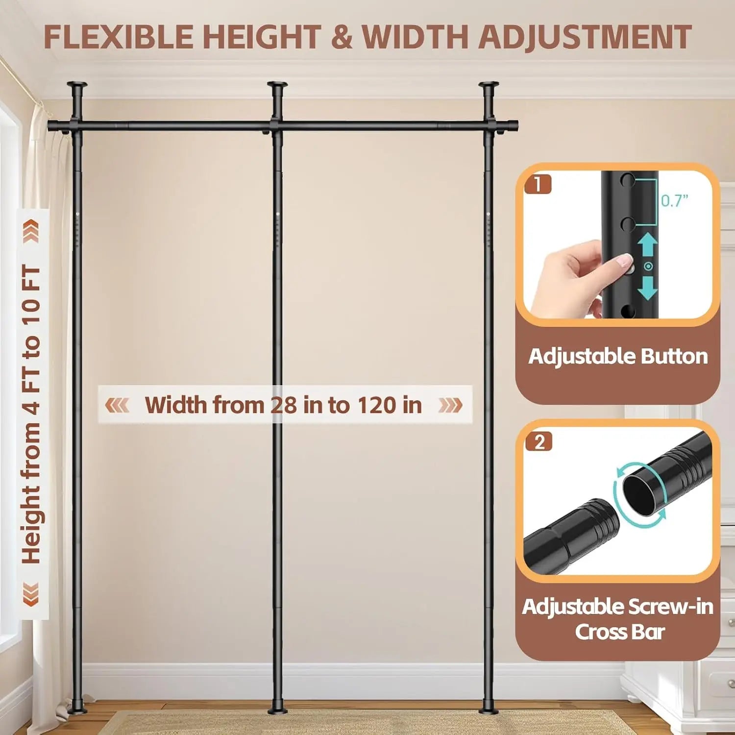 Adjustable Room Divider Curtain Rod, No Drilling Partition for Space Separation, 4-10ft Height, Portable Wall Dividers