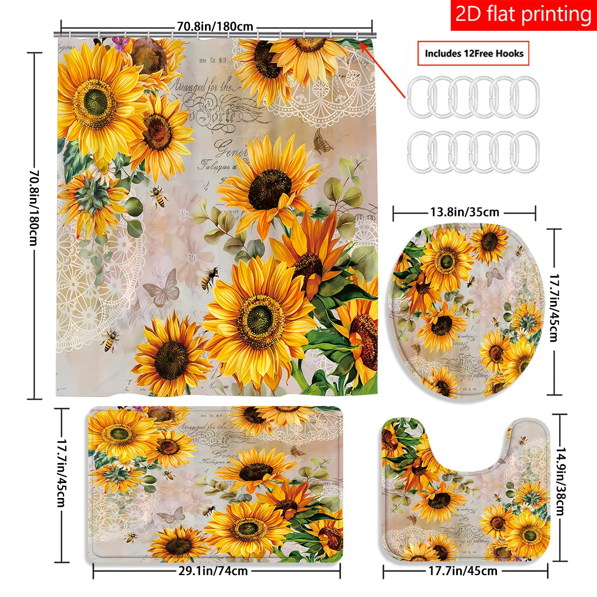 4pcs Sunflower shower curtain, Bath Set