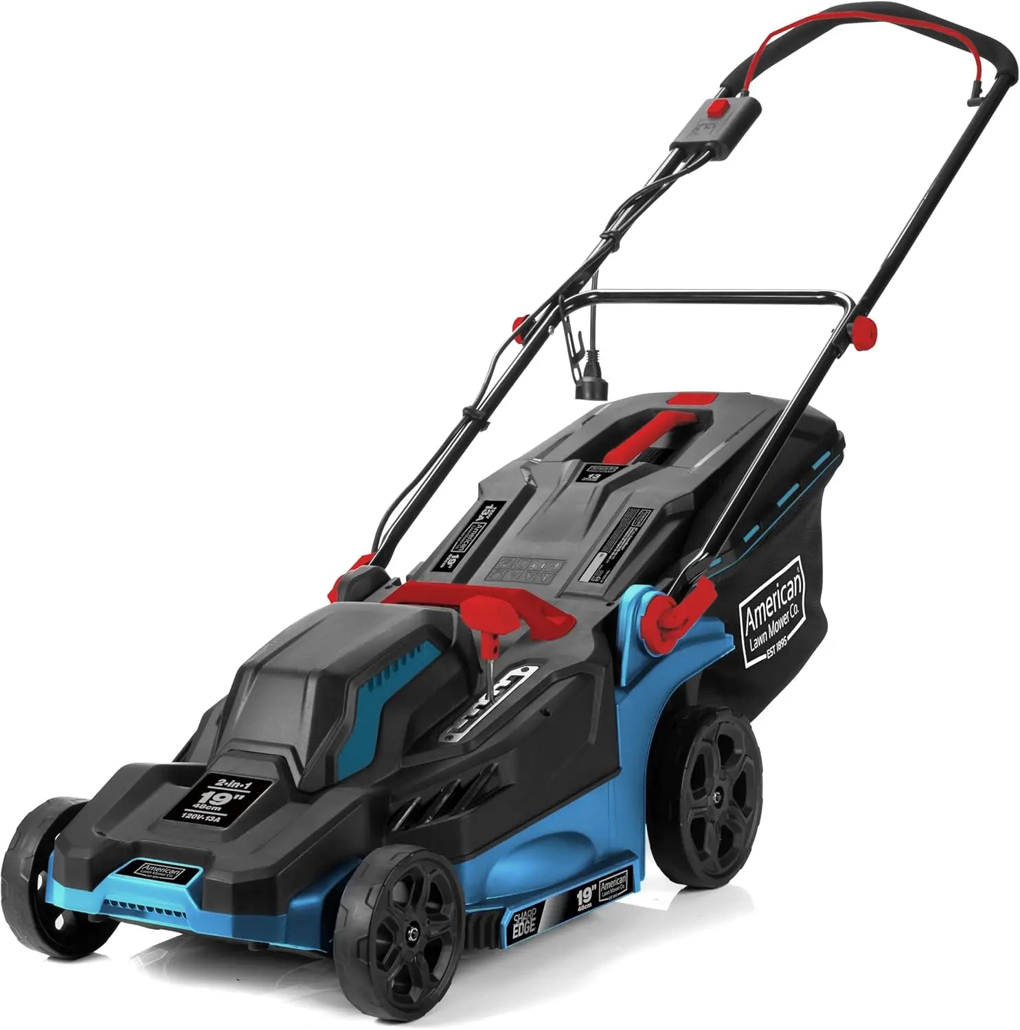 19-Inch Corded Electric Push Lawn Mower with Grass Bag, 13-Amp Motor for Efficient Cutting