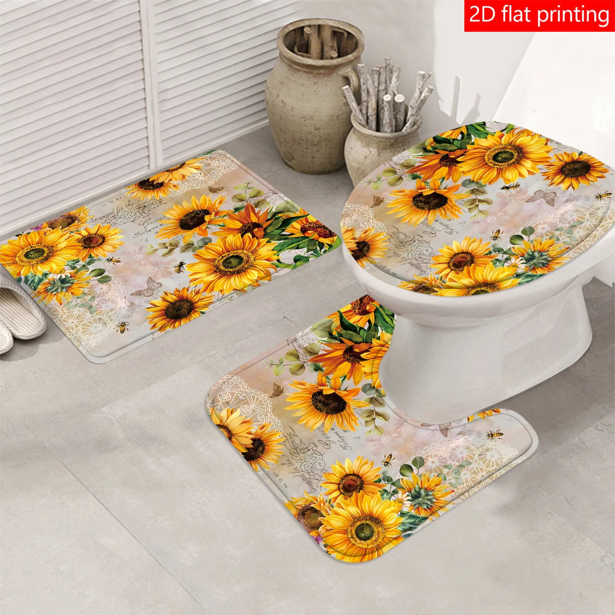 4pcs Sunflower shower curtain, Bath Set
