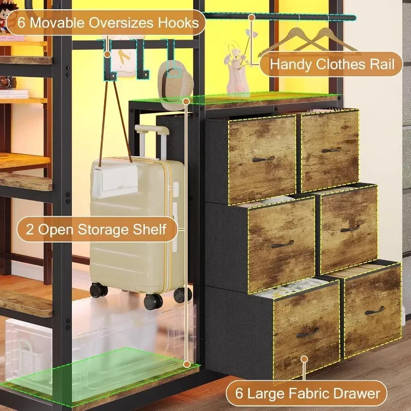 Twin Loft Bed with Desk, Twin Bed Frame with 6 Storage Drawers, 2 Bedside Organizer, 3 Movable Hooks, LED Lights