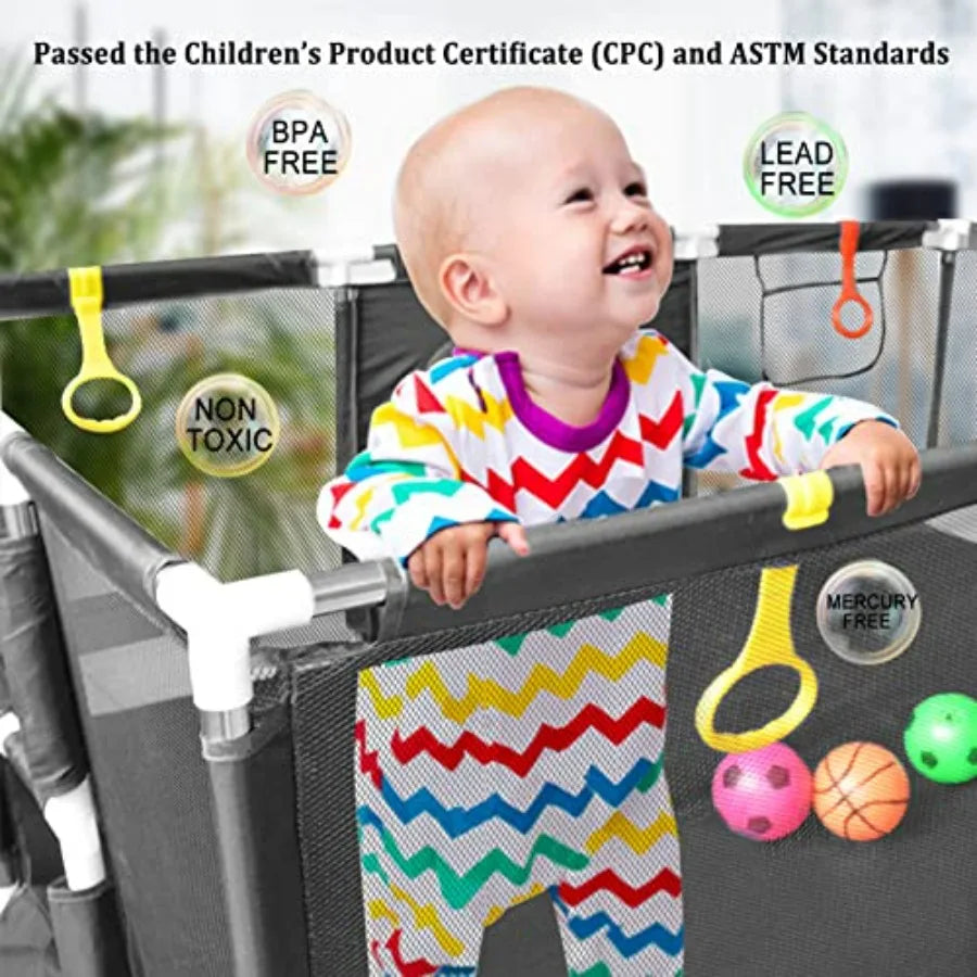 74''×50'' Play Pen for Toddlers with Basketball Hoop Soccer Nets