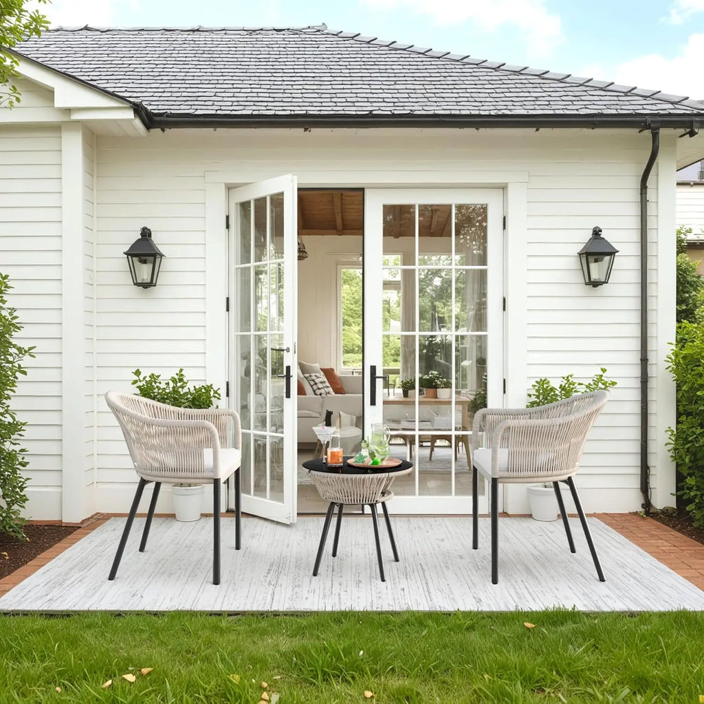 3 Pcs Rope Woven Bistro Set with 2 Wide Chairs, Cushions and Tempered Glass Table