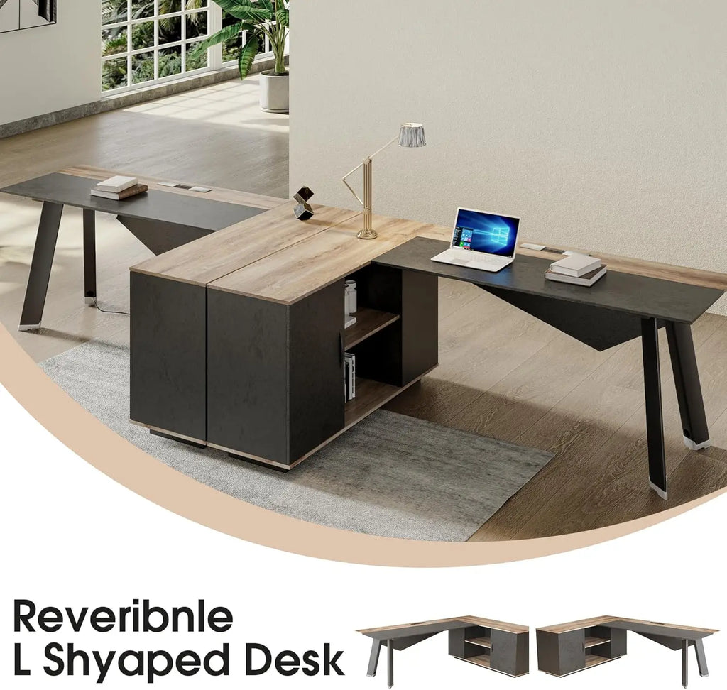 63in L-Shaped Executive Desk with 47" lateral File Cabinet/Storage Shelves