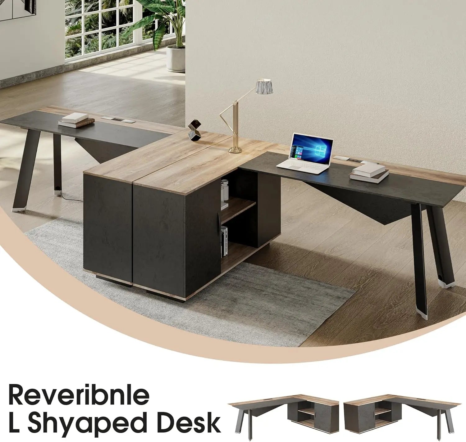 63in L-Shaped Executive Desk with 47" lateral File Cabinet/Storage Shelves