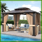 10x12ft Hardtop Gazebo with Double Roof, Curtains & Netting - All-Weather Aluminum Frame