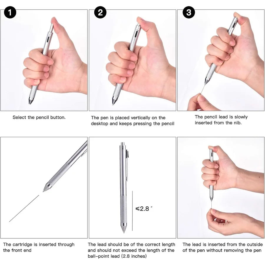 4-in-1 Multi-Function Refillable and Retractable Ballpoint Pen with 0.5mm Mechanical Pencil Fine Point Silver Metal Barre